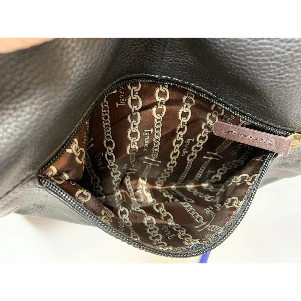 Tignanello Handbag Black Leather Hobo Shoulder‎ Purse Brown Trim Western Braided
